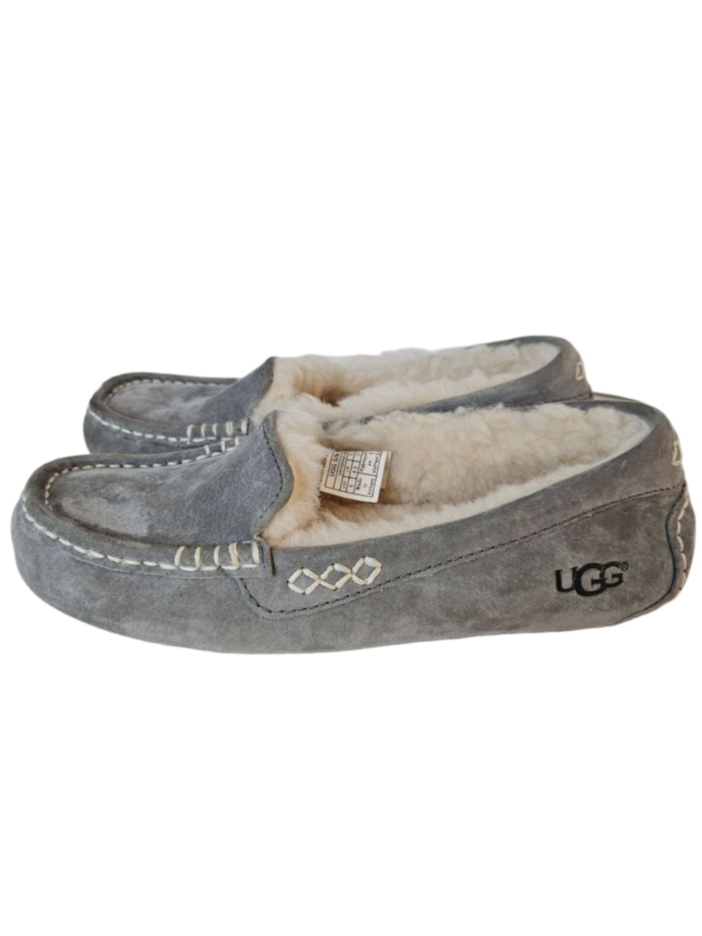 UGG Ansley Moccasin Gray Suede Slippers with White Stitching Size 6 - Picture 2 of 9